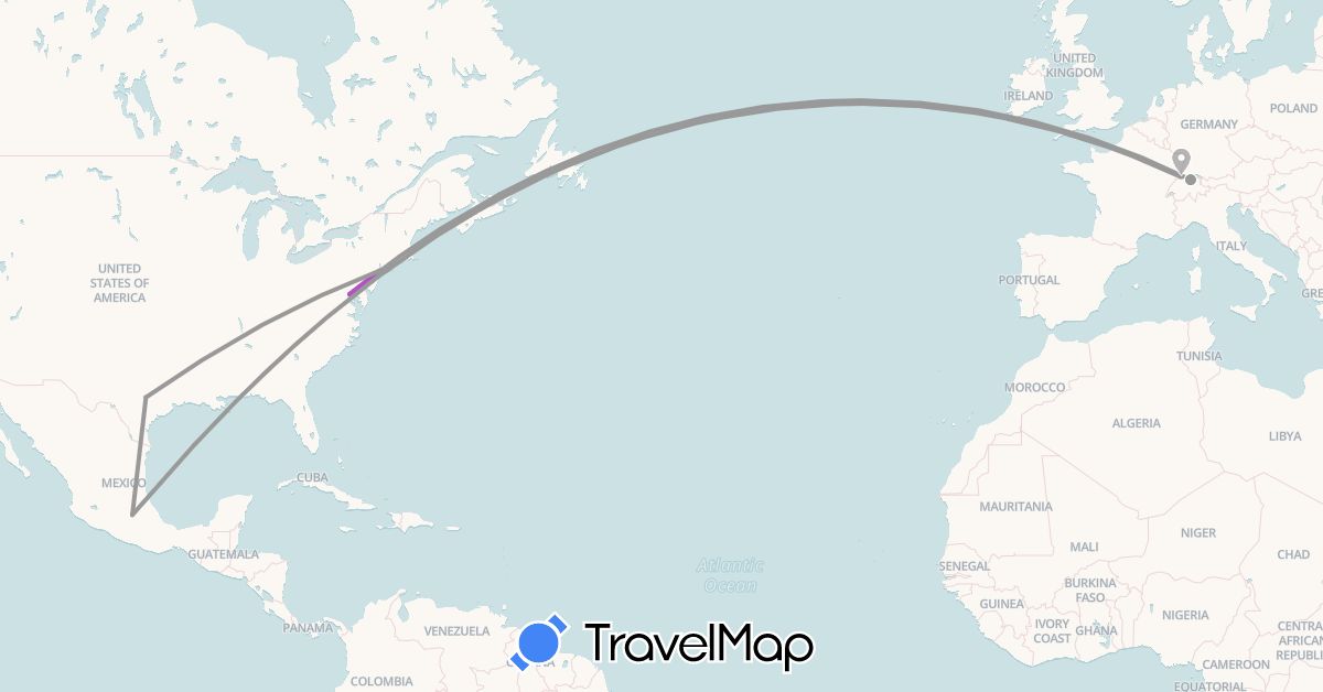 TravelMap itinerary: driving, plane, train in Switzerland, Mexico, United States (Europe, North America)